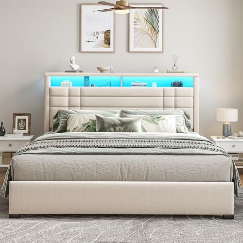 EnHomee Queen Upholstered Bed Frame with Charge Station & LED Lights, Beige | 2-Tier Shelves Headboard, 12" Under-Bed Storage Space, Noise-Free, No Box Spring Needed, Easy Assembly - color: Beige, size: Queen (U.S. Standard)
