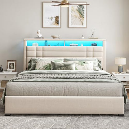 EnHomee Queen Upholstered Bed Frame with Charge Station & LED Lights, Beige | 2-Tier Shelves Headboard, 12" Under-Bed Storage Space, Noise-Free, No Box Spring Needed, Easy Assembly - color: Beige, size: Queen (U.S. Standard)