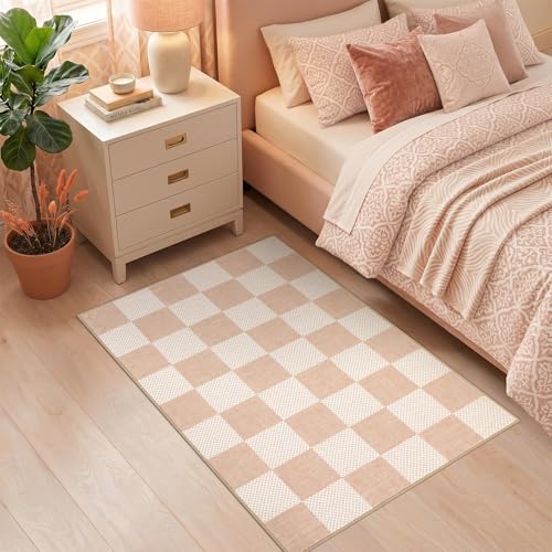 GarveeHome Checkered Blush Beige 2x3 Washable Rug Low-Pile Small Door Mat | Blush Beige Soft Stain Resistant Rug for Entryway Bedroom Bathroom Kitchen Non-Slip Geometric Modern Rug TPE Backing - color: Blush Beige, size: 2' x 3' (Rectangular)