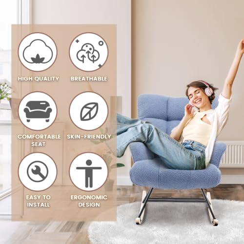 Rocking Chair Nursery Teddy Upholstered Glider Rocker Rocking Accent Chair Padded Seat with High Backrest Armchair Comfy Side Chair for Living Room Bedroom Offices (Darkblue Teddy) - color: Darkblue