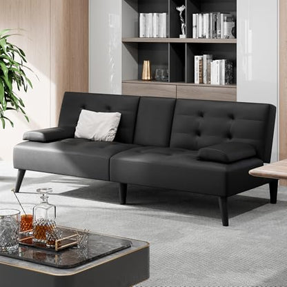 Shintenchi Futon Sofa Bed, Leather Foldable Futon Couch, Reclining Sleeper with Removable Armrests, Upholstered Loveseat Sofa Couch with Folding Cup Holders for Home, Office(Black)