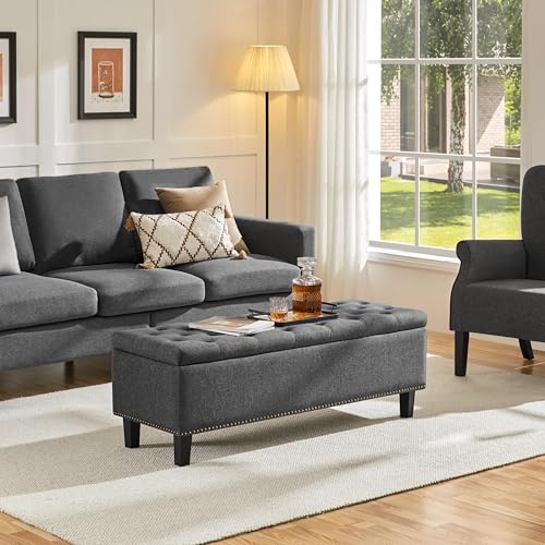 Yaheetech 49in Square Storage Ottoman Coffee Table with Nailhead, Dark Gray | Button-Tufted Linen-Look Fabric Bench, 3.5C Storage Space, Wood Legs, Metal Hinges, for Bedroom Foot of Bed Living Room - size: 17.5"D x 49"W x 18"H