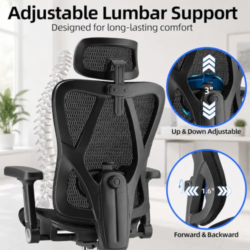 Ergonomic Office Chair, Full Mesh Desk Chair with 5D Armrests | Adjustable Lumbar Support & Headrest, 135° Stepless Reclining Backrest, Holds 350 LBS Home Task Computer Chair