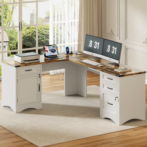 Decofy 67" L-Shaped Standing Desk, File Cabinet & Charging Station, White | Four Drawers, File Cabinet, Farmhouse Corner Desk, Wood Workstation, White Finish, For Home Office, Study and Writing - color: White