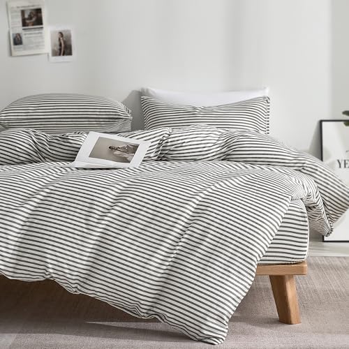 JELLYMONI 100% Cotton Classic Striped TwinXL Duvet Cover Set, Grey | Breathable Softness, Oeko-Tex Certified, Classic Stripes, 8 Corner Ties & Double Hidden Zipper - color: Classic Stripe - Grey/ Whtie, size: Twin XL(66"×92")