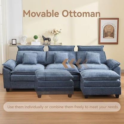 103'' Cloud Modern 3 Seater Couch with Detachable Headrest, Modular Sectional Sofa with Ottoman, Oversized L Shape Chenille Comfy Sofa with Armrests for Living Room, Blue - color: Blue, size: L Shaped Couch