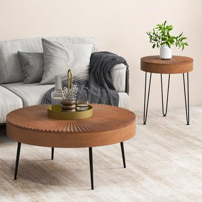 Giantex Boho Round Coffee Table Set of 2, Sofa Side Nesting Table with Solid Pine Wood Top, Metal Legs & Adjustable Foot Pads, 31.5" D Large Table Set for Living Room (Radial Pattern, Brown) - color: Brown, style: Radial Pattern