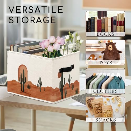 Boho Southwest Cactus Cube Storage Bins, Vinatge Western Collapsible Storage Boxes with Handles, Southwestern Boho Sun Organizer Bins for Laundry Bedroom Living Room, 14.2x10.6x10.6in