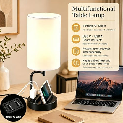 Dreamholder Touch Control USB Table Lamp with USB C/A & AC Outlet, 3-Way Dimmable Bedside Lamp, Modern Nightstand Lamps for Bedroom Living Room Guest Room Office, Bulb Included, Black - color: Black