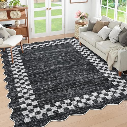 GarveeHome Small Bedroom Area Rug 3x5 Checkered Area Rug for Living Room | Nursery Non Slip Kitchen Throw Carpet Low Pile Modern Bordered Rugs Washable Brown Rugs for Laundry Entryway, Grey - color: Scalloped Dark Grey, size: 3' x 5' (Rectangular)