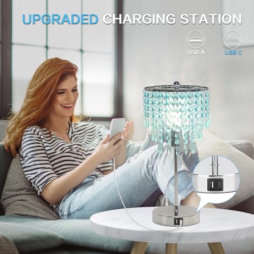 Touch Control Crystal Table Lamp, 3-Way Dimmable Lamp with USB A+C Ports | Nightstand Touch Lamp for Bedroom, Silver with Teal Crystal Shade, Bedside Lamp for Living Room, Girl Room, LED Bulb Included - color: Light Teal