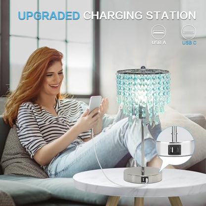 Touch Control Crystal Table Lamp, 3-Way Dimmable Lamp with USB A+C Ports | Nightstand Touch Lamp for Bedroom, Silver with Teal Crystal Shade, Bedside Lamp for Living Room, Girl Room, LED Bulb Included - color: Light Teal