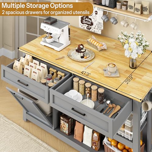Kitchen Island with Storage and Seating Include 2 Bar Stools, Drawers, Grey | 47" Solid Rubberwood Top Kitchen Island with Trash Can Storage, Power Outlet, 6 Hooks, Coffee Bar Cabinet, Dining Table for 2 - color: Grey