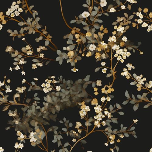 Moody Black Dark Leaves Floral Peel and Stick Wallpaper 17.4" x 118" | Renter Friendly, Removable & Waterproof, Vinyl Easy Install for Bedrooms, Bathrooms, Kitchens, Cabinets and Home Decor - color: Black/Muted Gold, size: 17.4" x 118"