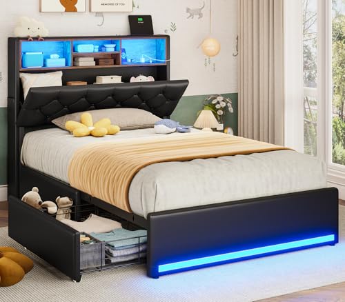 Twin Bed Frames with Storage Headboard, 4 Drawers, Lights, Black PU | LED Bed Frame Twin with Charging Station, 5 Shelves, Upholstered Bed with Metal Slats, No Box Spring Needed, for Kids, Boys - color: Black-pu Leather, size: Twin