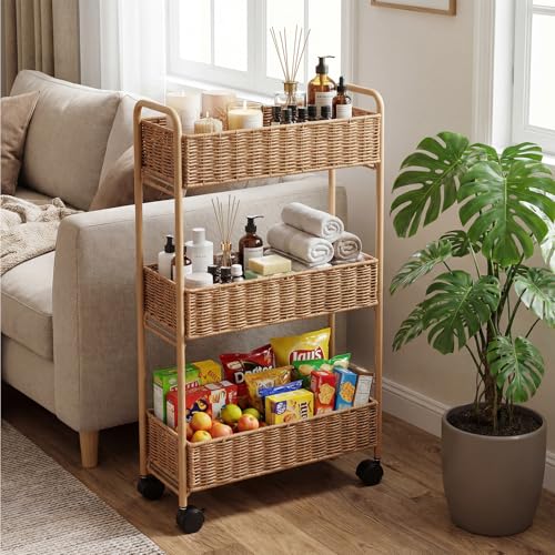 Utility Slim Storage Cart,3-Tier Rolling Kitchen Office Laundry Room Cart,Mobile Shelving Unit Organizer for Living Room Bathroom Baby Diaper Narrow Places (Natural, 3 Tiers-7.1 inch (W)) - color: Natural