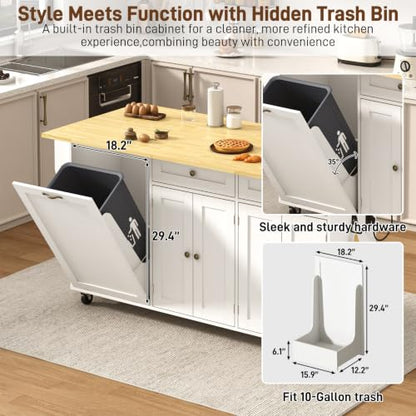 67" Large Movable Kitchen Island w/Sliding Drop Leaf,Power Outlet, Kitchen Rolling Island Cart w/ 2 Drawers, Island Table on Wheels w/ Trash Storage Cabinet,Spice Rack, Towel Bar,Garage Hook, White - color: White, size: 17.7"D x 66.9"W x 35.8"H