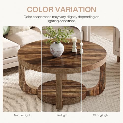Tribesigns Round Coffee Table, 2-Tier Circle Coffee Table with Storage, Modern Wooden Accent Center Table for Living Room, Thick Tabletop & Base, Dark Brown - color: Brown