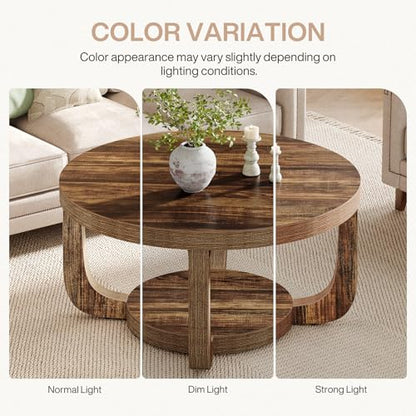 Tribesigns Round Coffee Table, 2-Tier Circle Coffee Table with Storage, Modern Wooden Accent Center Table for Living Room, Thick Tabletop & Base, Dark Brown - color: Brown