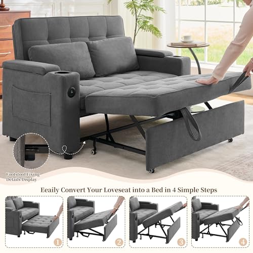 Korser 55.5'' 3-in-1 Convertible Sofa Bed, Pull Out Couch with 5-Position Adjustable Backrest, Loveseat Sleeper Sofa for Small Spaces, Sofa Couch with Cup Holders for Living Room, Office, Chenille - color: Dark Grey