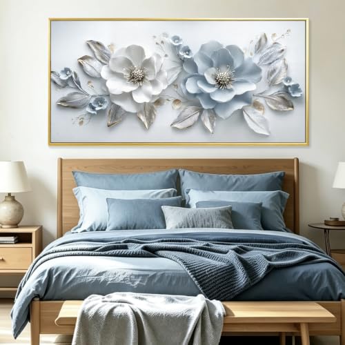 Phahey Ethereal Dreamy Light Blue Floral Wall Art, Framed & Ready to Hang with Hooks White Leaf Print 20"x40" - color: Light Blue Flower, size: 100L x 50W cm