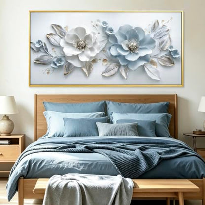 Phahey Ethereal Dreamy Light Blue Floral Wall Art, Framed & Ready to Hang with Hooks White Leaf Print 20"x40" - color: Light Blue Flower, size: 100L x 50W cm