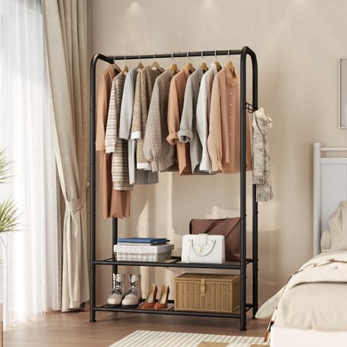 SINGAYE Wardrobe Standing Closet Clothing Rack With Shelf Hanging Clothes | Wardrobe Open Compact Small Metal Garment Hanger Stand Alone Free Standing Black Closet Rack Storage Organizer Heavy Duty - color: Black, size: B1-11.5"D x 32"W x 72"H