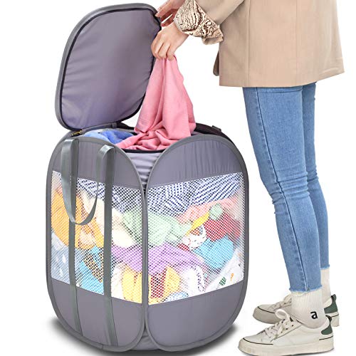 Pop-Up Laundry Hamper with YKK Zipper Lid, 1.5 Loads, Reinforced Handles | Tear-Proof Honeycomb Mesh, Zippered Lid & Tall Design, 14.9" x 14.9" x 21.6", White Laundry Basket, Reinforced Handles