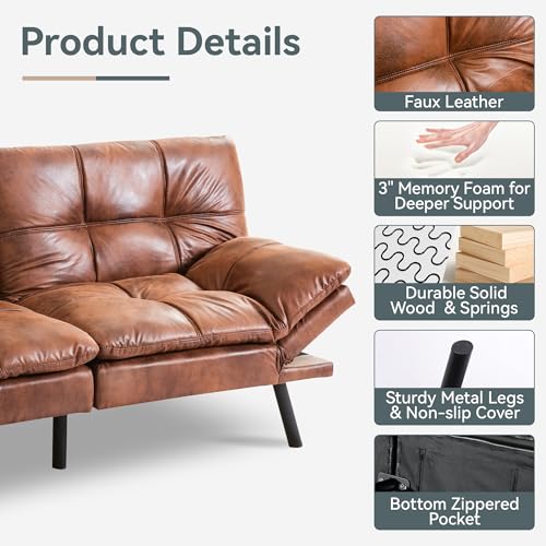 Futon Sofa Bed Convertible Couch, Brown Faux Leather Sofa Bed | Adjustable Backrest & Armrests, Multifunctional Small Loveseat Sleeper Sofa for Living Room, Apartment, Office, Foam Couch - color: A4 | Brown