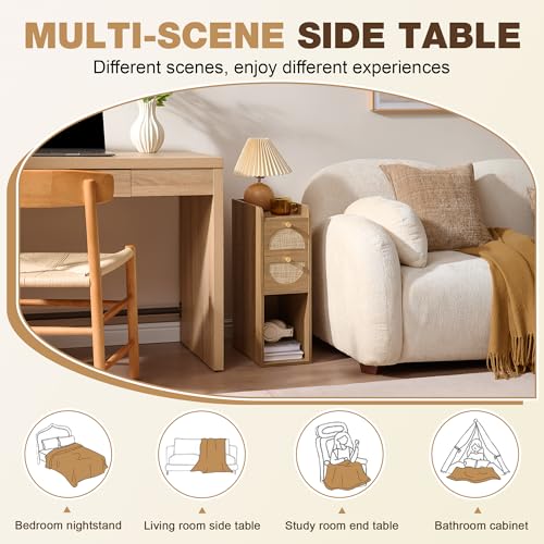 Narrow Nightstand Set of 2 (Rattan & Wood) - Small Bedside Table with 2 Drawers, Open Shelf, Mid Century Modern End Table - for Bedroom, Living Room & Small Spaces, Rustic Oak Rattan - color: Rustic Oak Rattan, size: 7.9"W (2 Pc)