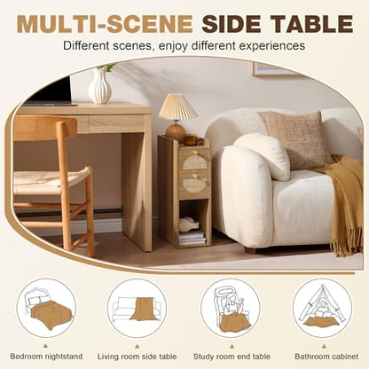 Narrow Nightstand Set of 2 (Rattan & Wood) - Small Bedside Table with 2 Drawers, Open Shelf, Mid Century Modern End Table - for Bedroom, Living Room & Small Spaces, Rustic Oak Rattan - color: Rustic Oak Rattan, size: 7.9"W (2 Pc)