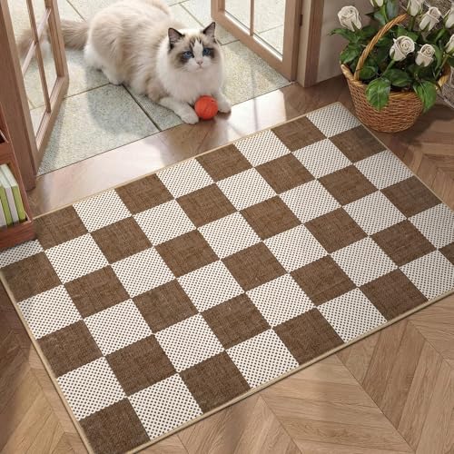 GarveeHome Checkered Light Brown 2x3 Washable Rug Low-Pile Small Door Mat | Terracotta Brown Soft Stain Resistant Rug for Entryway Bedroom Bathroom Kitchen Non-Slip Geometric Modern TPE Backing - color: Terracotta Brown, size: 2' x 3' (Rectangular)