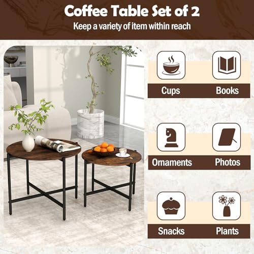 GOFLAME Nesting Coffee Table Set of 2, Round Coffee Tables with Wood Tabletop & Heavy-Duty Metal Frame, Modern Circle End Table & Side Tables, Nesting Tables for Living Room, Bedroom (Rustic Brown) - color: Rustic Brown