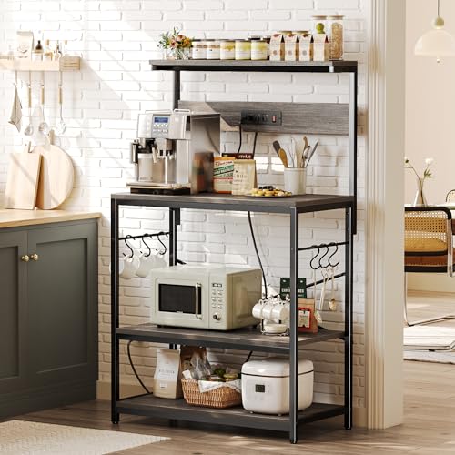 SUPERJARE Bakers Rack with Power Outlets, Microwave Stand, 31.5 X 16.5 Inch Larger Desktop, Kitchen Storage Rack with Adjustable Middle Shelf, 6 S-Shaped Hooks, Coffee Bar Stand, Grey - color: Charcoal Gray, size: 31.5 inch