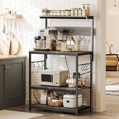 SUPERJARE Bakers Rack with Power Outlets, Microwave Stand, 31.5 X 16.5 Inch Larger Desktop, Kitchen Storage Rack with Adjustable Middle Shelf, 6 S-Shaped Hooks, Coffee Bar Stand, Grey - color: Charcoal Gray, size: 31.5 inch