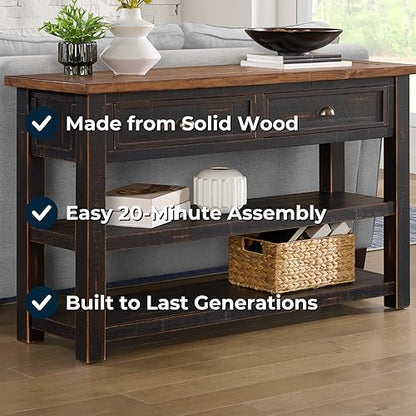 Martin Svensson Home Monterey Solid Wood Sofa Console Table, Black & Honey | Farmhouse Style, Pine Wood, Two Drawers, Two Open Shelves for Storage - color: Black and Honey