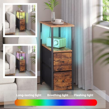 TUTOTAK Narrow LED End Table with Charging Station, Skinny Side Table | Bedside Table with Outlets, Nightstand with 2 Cloth Drawers, Couch Table for Living Room, Bedroom, Brown TB01BB056 - color: Brown, style: 2 Drawers with Plug & Light