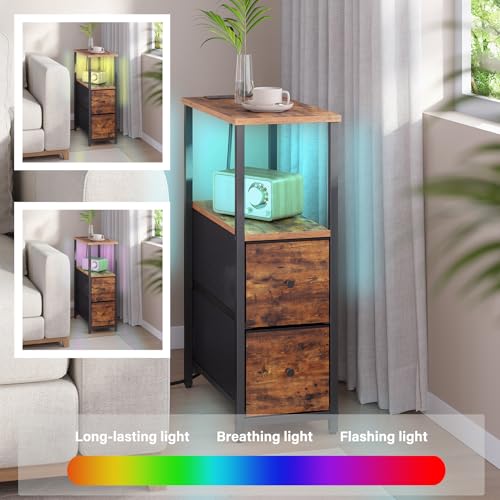 TUTOTAK Narrow LED End Table with Charging Station, Skinny Side Table | Bedside Table with Outlets, Nightstand with 2 Cloth Drawers, Couch Table for Living Room, Bedroom, Brown TB01BB056 - color: Brown, style: 2 Drawers with Plug & Light