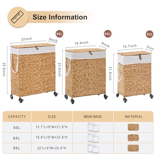 Rolling Laundry Hamper with Lid and Wheels, Slim Laundry Basket with Removable Liner Bag & 2 Mesh Bags, Handwoven Water Hyacinth Clothes Hamper for Bedroom Bathroom (Natural, 85L) - color: Natural/With Lid/85L