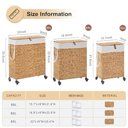 Rolling Laundry Hamper with Lid and Wheels, Slim Laundry Basket with Removable Liner Bag & 2 Mesh Bags, Handwoven Water Hyacinth Clothes Hamper for Bedroom Bathroom (Natural, 50L) - color: Natural/With Lid/50L