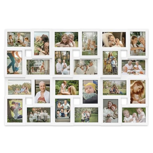 J.M.Deco Collage Picture Frames for Wall 24 Slots, Large Photo Frame Gallery Puzzle Collage Wall Hanging for 4 x 6 Photo, Christmas Gift for Family or Friends - Pure White - color: White, size: 24 Opening