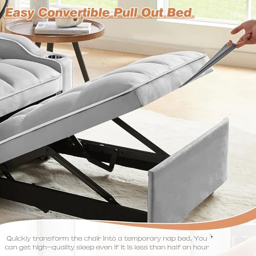 Sleeper Sofa Chair Bed 3 in 1 with Charging Ports, Phone Holder & Cup Holders - Modern Velvet Convertible Pull Out Single Sofa Bed for Small Spaces, Apartment, Dorm (Light Gray) - color: Light Gray