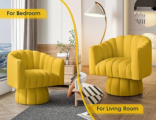 Dewhut Swivel Barrel Accent Chair, Velvet Reading Armchair, Yellow, Set 1 | Mid Century Style, Modern Round ArmChair With 360° Swivel Base, For Living Room / Bedroom / Office - color: Yellow