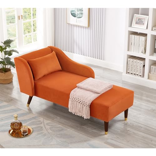Bellemave Chaise Lounge Indoor, Velvet Upholstered Lounge Chair with Pillow, Solid Wood Legs Modern Chaise Lounge Chair for Living Room Bedroom Office (Orange) - color: Orange