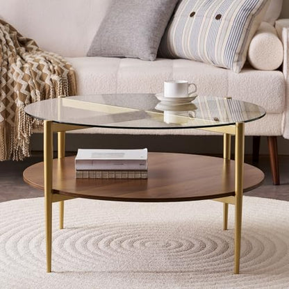 LumFurn Round Coffee Table, Mid-Century Modern Design, D30“ x H17”, for Living Room, 2-Tier Structure, Clear Glass Top and Walnut MDF Shelf, Sleek Conical Metal Legs with Gold Finish - color: D30" Clear & Walnut