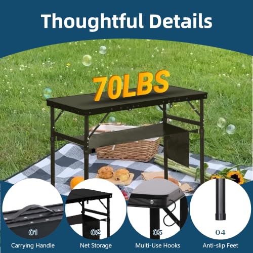 LOFTEY 3 ft Folding Camping Table, Portable Camp Table, Adjustable Height | 3 Height Settings up to 27.5", 70 lb Capacity, Compact Tri-Fold, Lightweight with Carry Bag, Mesh Pocket and Hooks