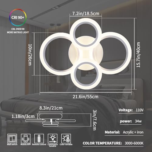 Shine LUEST 34W LED Ceiling Light with Remote, 3000-6000K Dimmable Modern Flush Mount Ceiling Lighting Fixture White 4 Rings Round Chandelier Ceiling Lamp for Small Room, Bedroom - color: White, 4 Rings