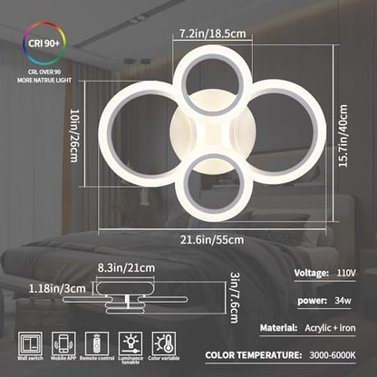 Shine LUEST 34W LED Ceiling Light with Remote, 3000-6000K Dimmable Modern Flush Mount Ceiling Lighting Fixture White 4 Rings Round Chandelier Ceiling Lamp for Small Room, Bedroom - color: White, 4 Rings