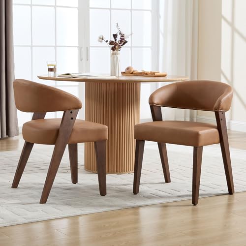Brown Faux Leather Dining Chairs with Arms Set of 2, Mid Century Modern Kitchen & Dining Room Chairs, Barrel Backs/Walnut Solid Wood Legs, Upholstered Comfortable Accent Chairs for Living Room - color: Brown