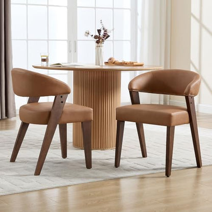 Brown Faux Leather Dining Chairs with Arms Set of 2, Mid Century Modern Kitchen & Dining Room Chairs, Barrel Backs/Walnut Solid Wood Legs, Upholstered Comfortable Accent Chairs for Living Room - color: Brown